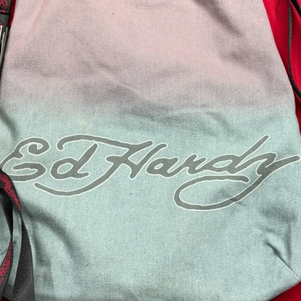 Ed Hardy Love Kills Slowly Ombre Drawstring Backpack Rhinestone Skull Pink Blue